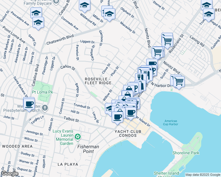 map of restaurants, bars, coffee shops, grocery stores, and more near 1250 Willow Street in San Diego