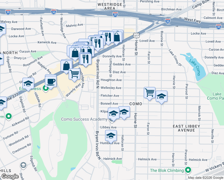 map of restaurants, bars, coffee shops, grocery stores, and more near 5837 Wellesley Avenue in Fort Worth