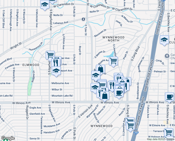 map of restaurants, bars, coffee shops, grocery stores, and more near 2015 South Vernon Avenue in Dallas