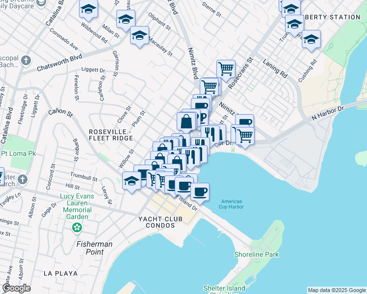 map of restaurants, bars, coffee shops, grocery stores, and more near 1410 Rosecrans Street in San Diego