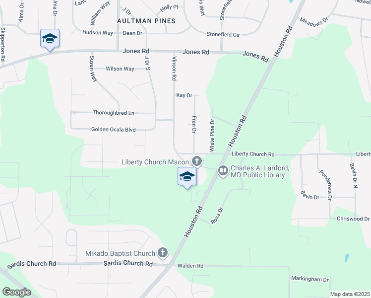 map of restaurants, bars, coffee shops, grocery stores, and more near 3489 Liberty Church Road in Macon
