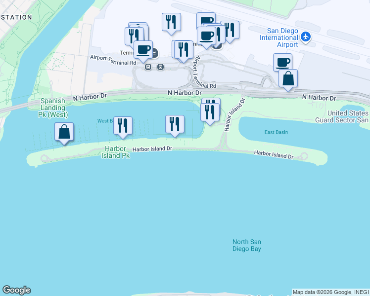 map of restaurants, bars, coffee shops, grocery stores, and more near 1394 Harbor Island Drive in San Diego