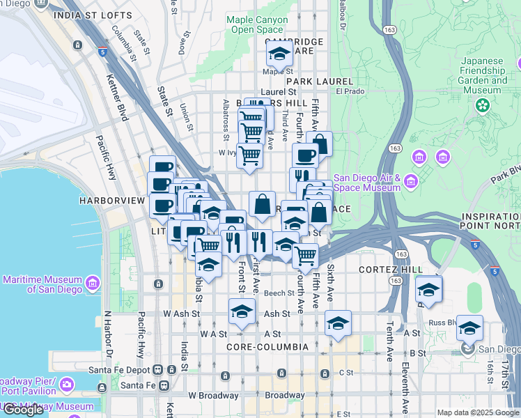 map of restaurants, bars, coffee shops, grocery stores, and more near in San Diego