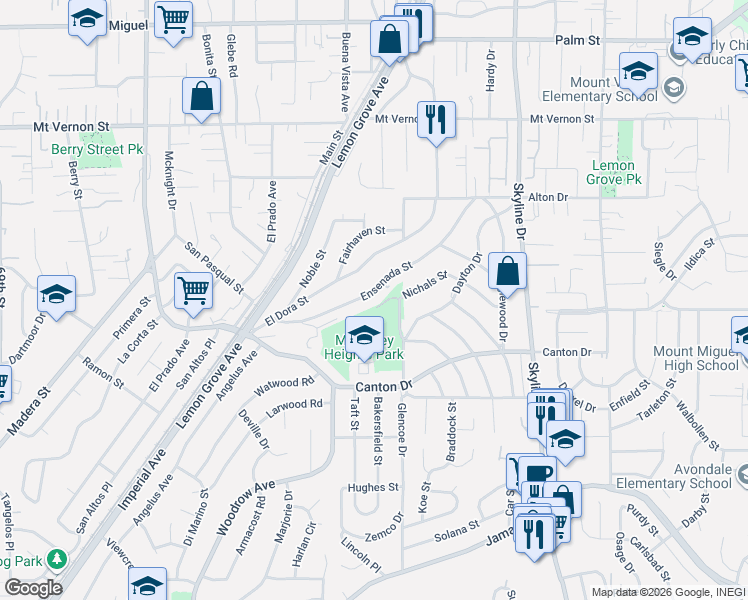 map of restaurants, bars, coffee shops, grocery stores, and more near 1945 Ensenada Street in Lemon Grove