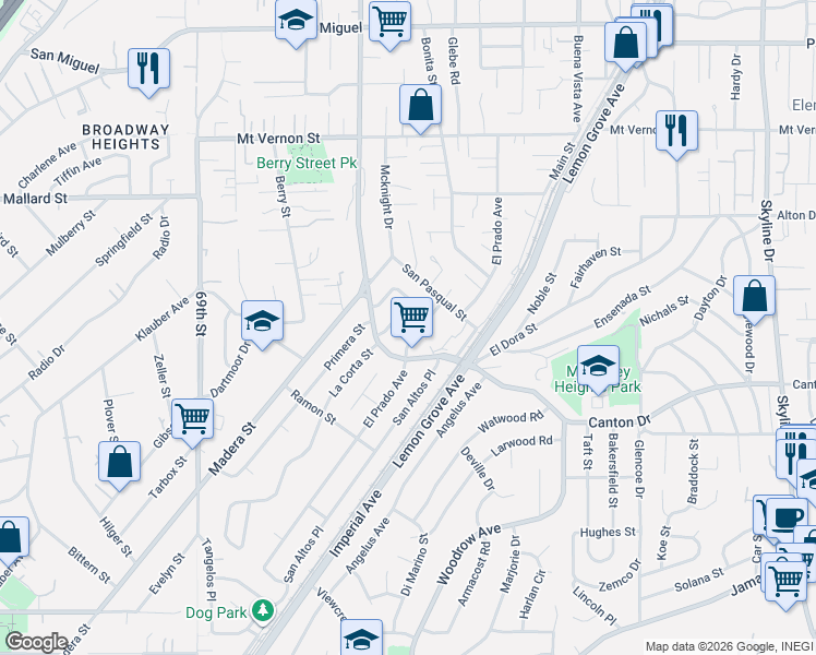 map of restaurants, bars, coffee shops, grocery stores, and more near 1954 El Prado Avenue in Lemon Grove