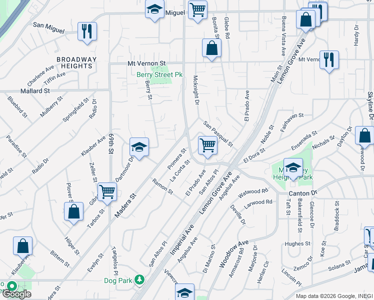 map of restaurants, bars, coffee shops, grocery stores, and more near 1916 La Corta Street in Lemon Grove