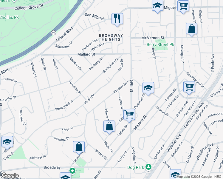 map of restaurants, bars, coffee shops, grocery stores, and more near 6717 Radio Drive in San Diego