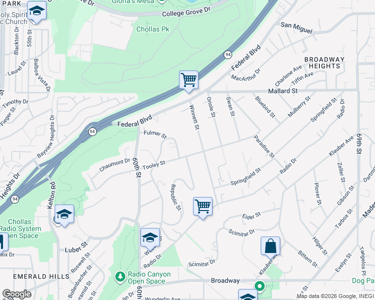 map of restaurants, bars, coffee shops, grocery stores, and more near 6158 Fulmar Street in San Diego