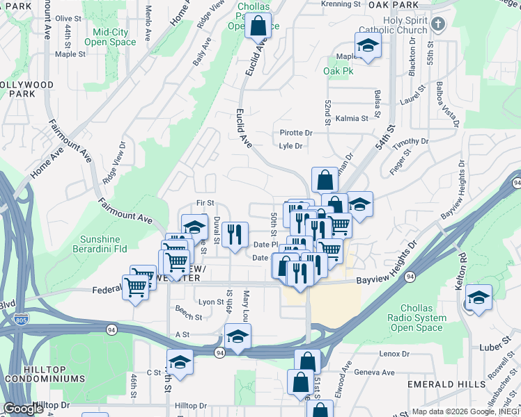 map of restaurants, bars, coffee shops, grocery stores, and more near 1845 Oakshire Court in San Diego
