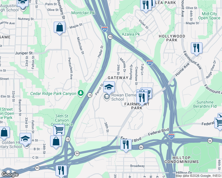 map of restaurants, bars, coffee shops, grocery stores, and more near 1920 39th Street in San Diego