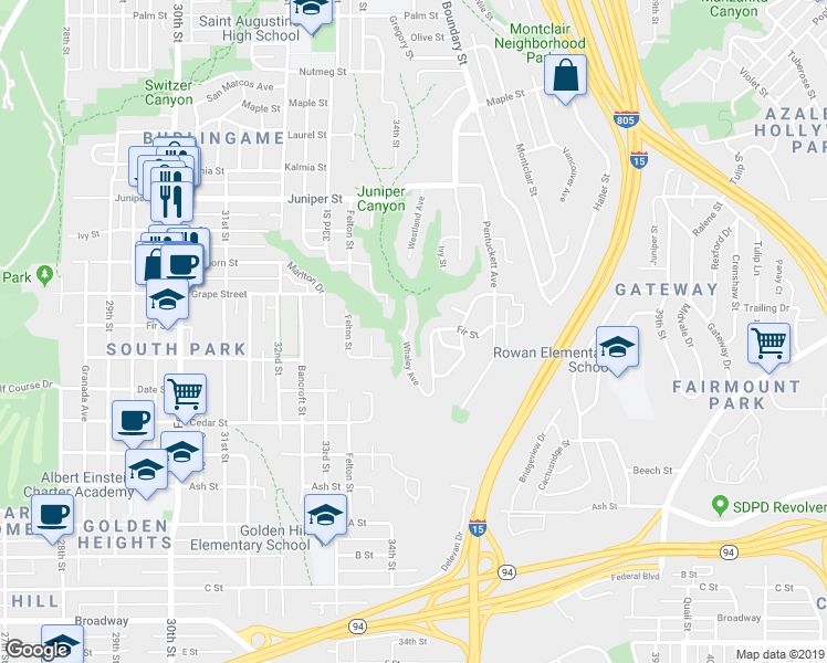 map of restaurants, bars, coffee shops, grocery stores, and more near 1849 Whaley Avenue in San Diego