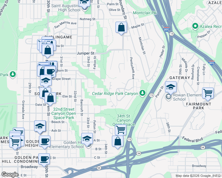 map of restaurants, bars, coffee shops, grocery stores, and more near 1849 Whaley Avenue in San Diego