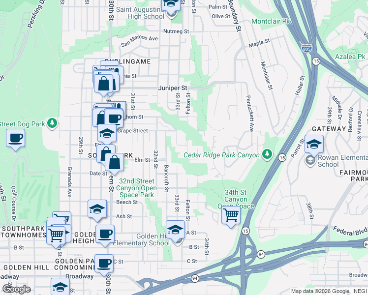 map of restaurants, bars, coffee shops, grocery stores, and more near 3330 Fir Street in San Diego