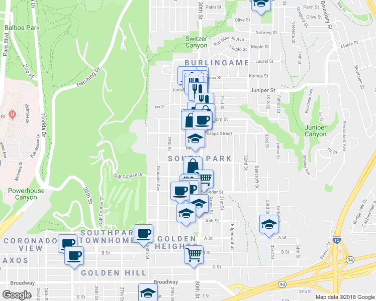 map of restaurants, bars, coffee shops, grocery stores, and more near 2969 Fir Street in San Diego