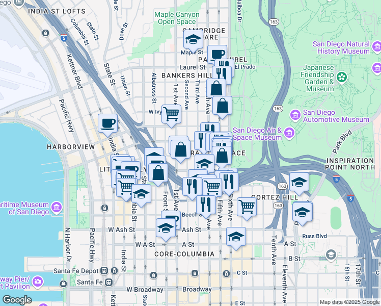 map of restaurants, bars, coffee shops, grocery stores, and more near 1922-1934 Third Avenue in San Diego
