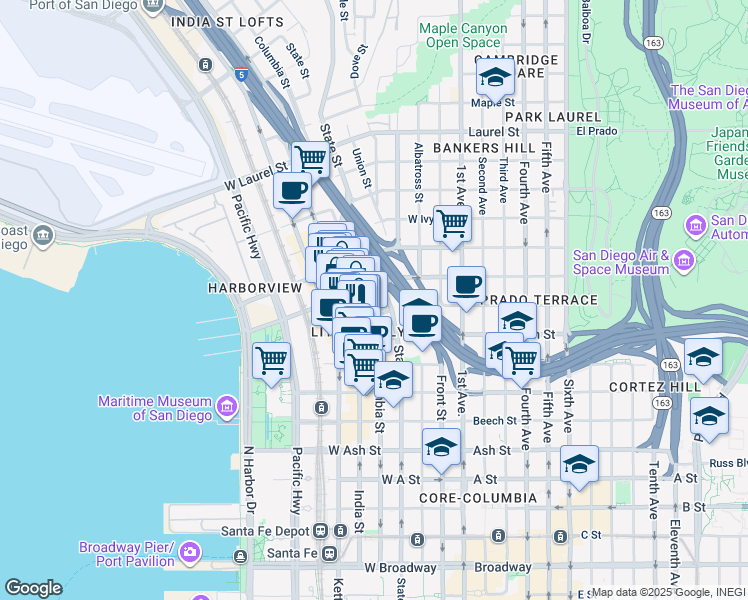 map of restaurants, bars, coffee shops, grocery stores, and more near 1959 Columbia Street in San Diego