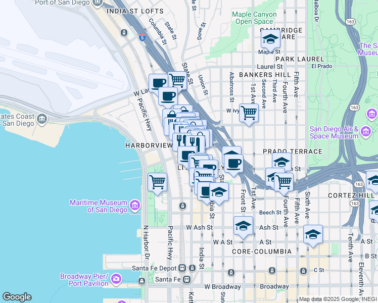 map of restaurants, bars, coffee shops, grocery stores, and more near 705W West Grape Street in San Diego
