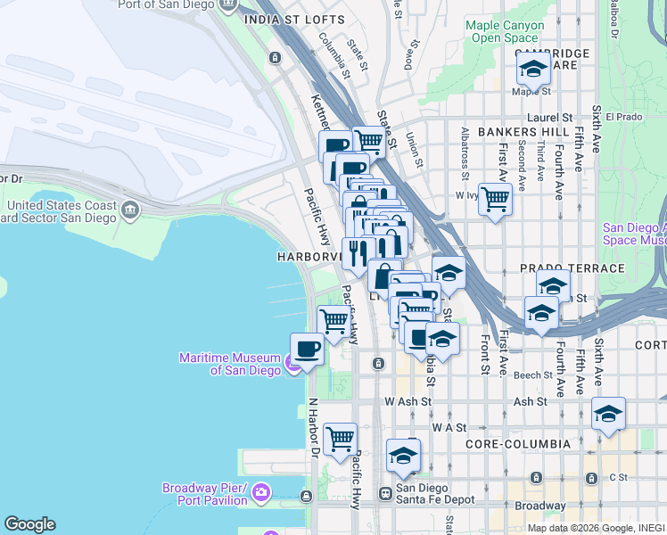 map of restaurants, bars, coffee shops, grocery stores, and more near in San Diego