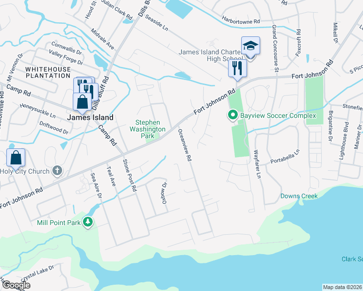 map of restaurants, bars, coffee shops, grocery stores, and more near 1128 Ocean View Road in Charleston