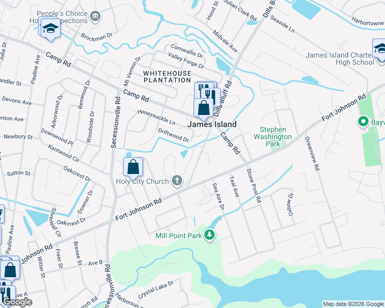 map of restaurants, bars, coffee shops, grocery stores, and more near 1410 Swamp Fox Lane in Charleston