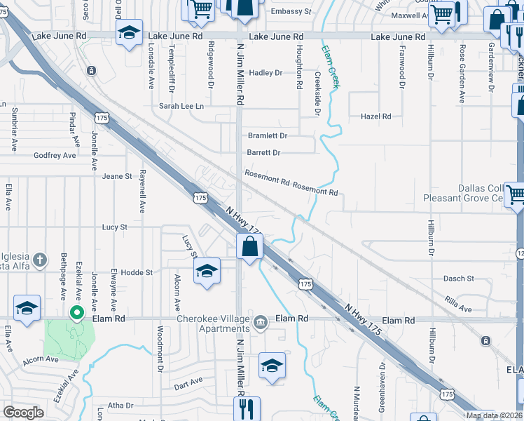 map of restaurants, bars, coffee shops, grocery stores, and more near 808 North Jim Miller Road in Dallas