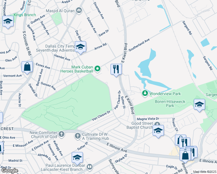 map of restaurants, bars, coffee shops, grocery stores, and more near 2204 Bonnie View Road in Dallas