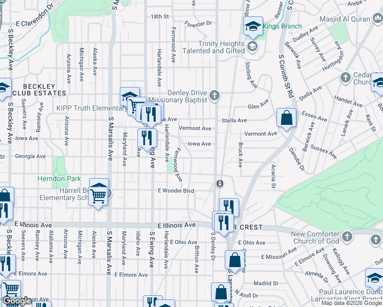 map of restaurants, bars, coffee shops, grocery stores, and more near 1206 Iowa Avenue in Dallas