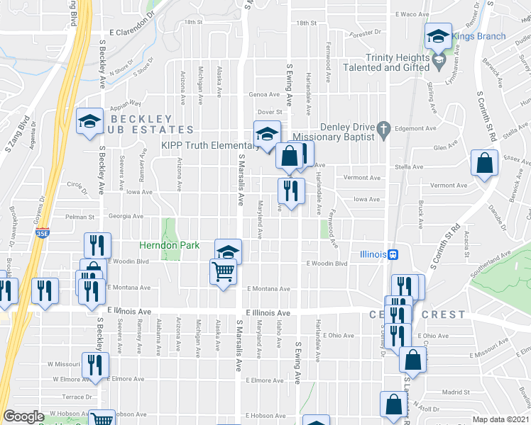 map of restaurants, bars, coffee shops, grocery stores, and more near 1822 Maryland Avenue in Dallas