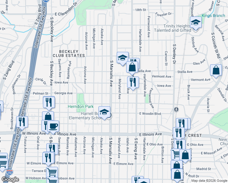 map of restaurants, bars, coffee shops, grocery stores, and more near 1825 South Marsalis Avenue in Dallas