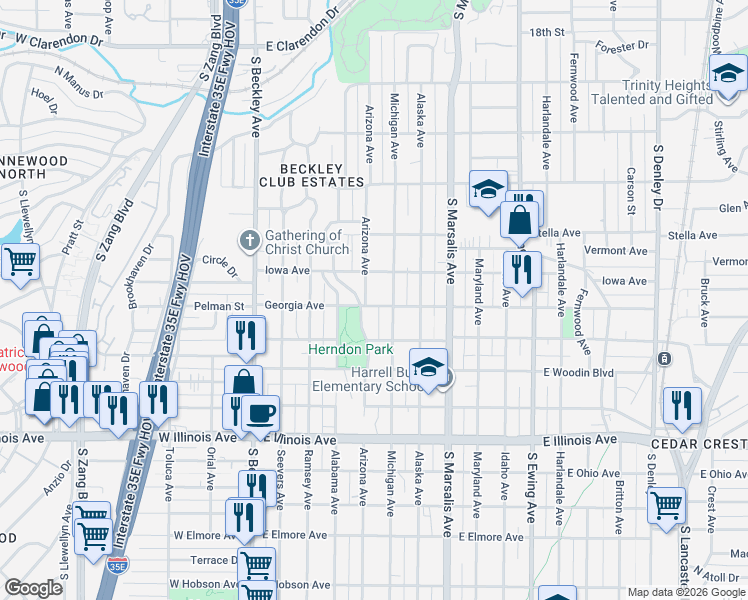 map of restaurants, bars, coffee shops, grocery stores, and more near 1822 Arizona Avenue in Dallas