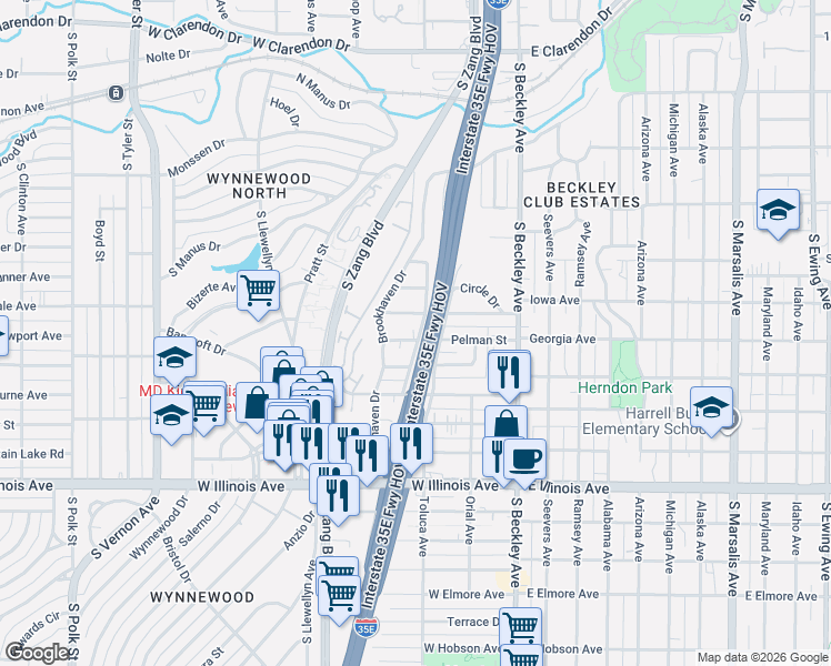 map of restaurants, bars, coffee shops, grocery stores, and more near 302 Beckleywood Boulevard in Dallas