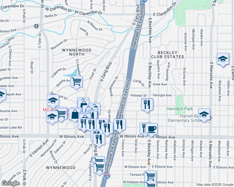 map of restaurants, bars, coffee shops, grocery stores, and more near 335 Pelman Street in Dallas