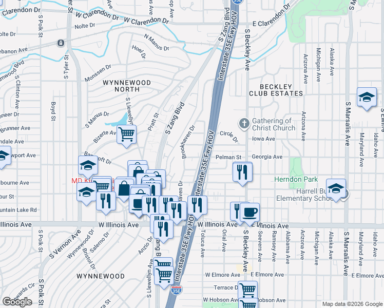 map of restaurants, bars, coffee shops, grocery stores, and more near 335 Pelman Street in Dallas