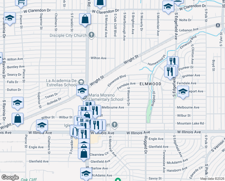 map of restaurants, bars, coffee shops, grocery stores, and more near 2102 Elmwood Boulevard in Dallas