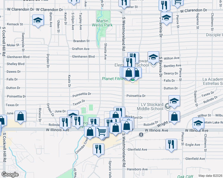 map of restaurants, bars, coffee shops, grocery stores, and more near 3407 Dutton Drive in Dallas