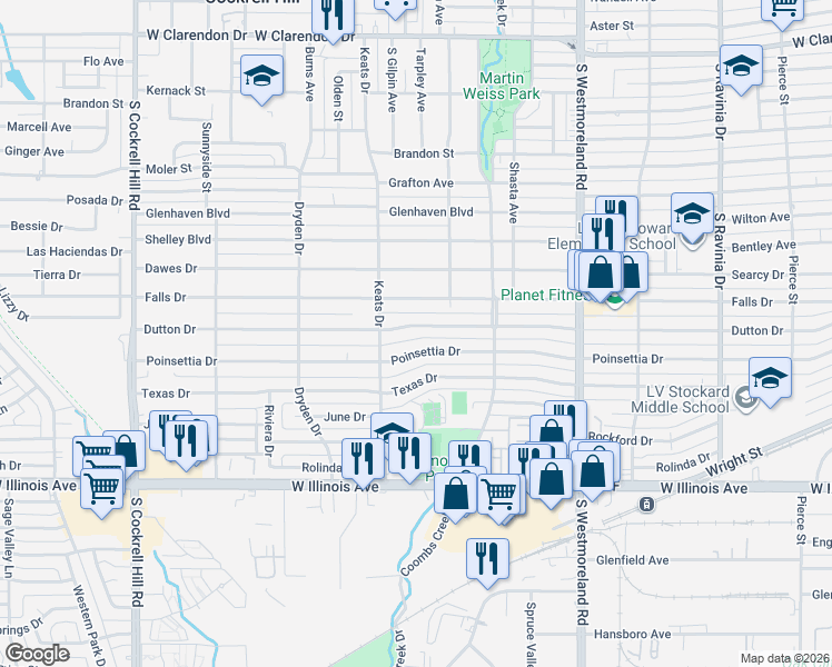 map of restaurants, bars, coffee shops, grocery stores, and more near 3632 Dutton Drive in Dallas