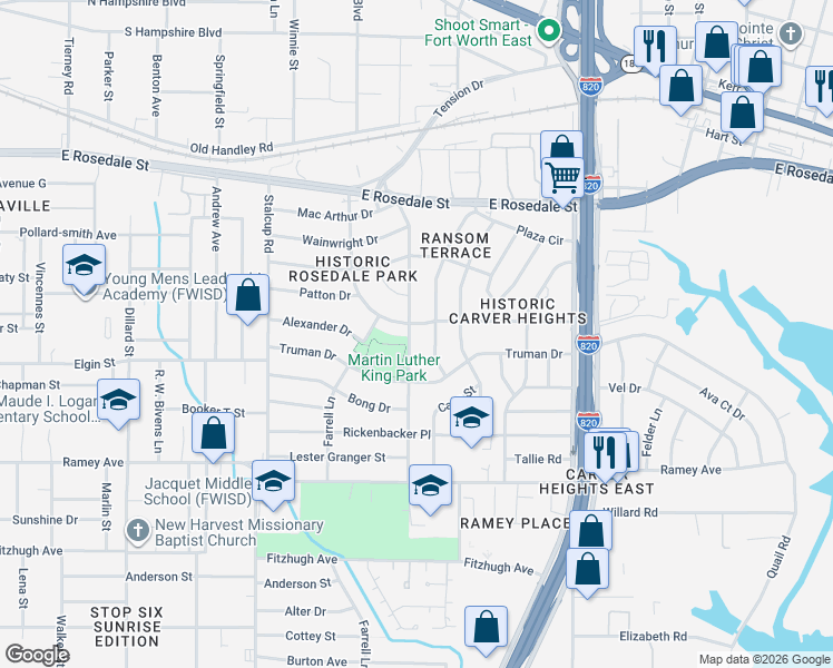 map of restaurants, bars, coffee shops, grocery stores, and more near 5712 Maceo Lane in Fort Worth