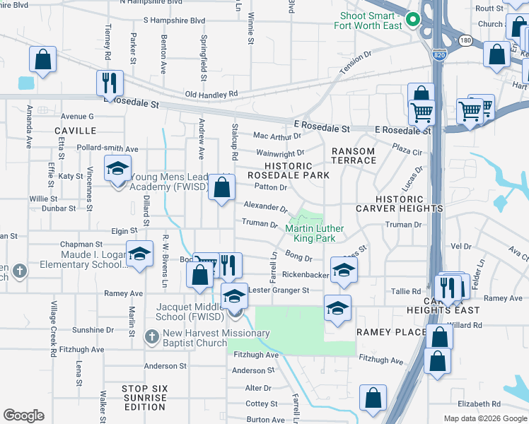 map of restaurants, bars, coffee shops, grocery stores, and more near 5528 Alexander Drive in Fort Worth