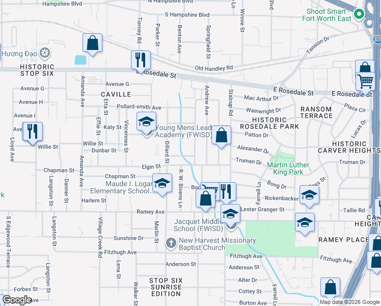 map of restaurants, bars, coffee shops, grocery stores, and more near 1912 Birdell Street in Fort Worth