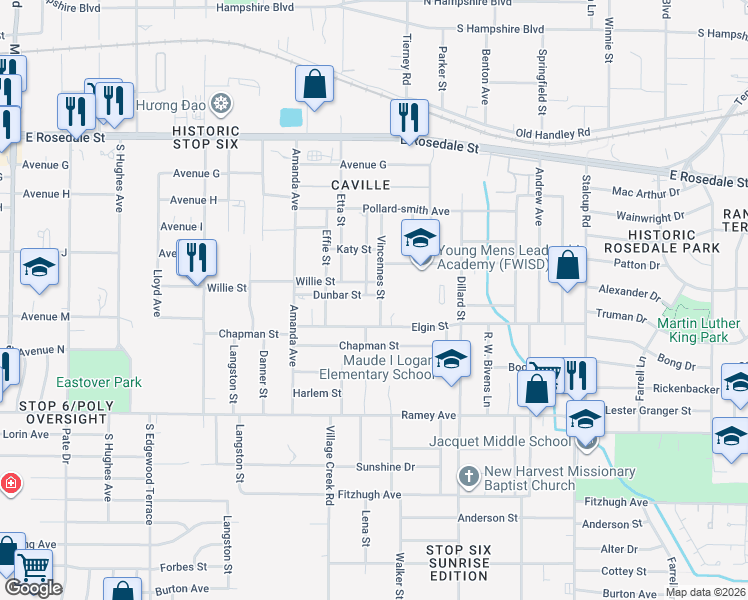 map of restaurants, bars, coffee shops, grocery stores, and more near 5004 Dunbar Street in Fort Worth