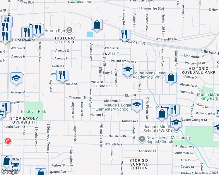 map of restaurants, bars, coffee shops, grocery stores, and more near 5004 Dunbar Street in Fort Worth
