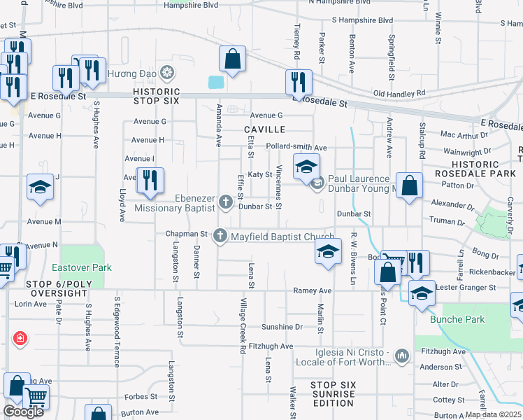 map of restaurants, bars, coffee shops, grocery stores, and more near 4926 Dunbar Street in Fort Worth