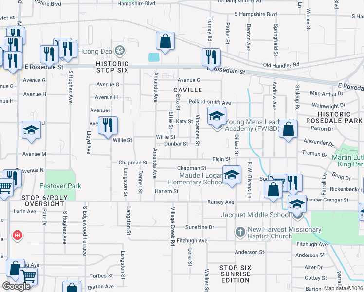 map of restaurants, bars, coffee shops, grocery stores, and more near 4926 Dunbar Street in Fort Worth