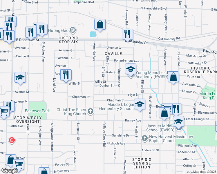 map of restaurants, bars, coffee shops, grocery stores, and more near 4926 Dunbar Street in Fort Worth
