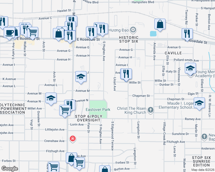map of restaurants, bars, coffee shops, grocery stores, and more near 1909 South Hughes Avenue in Fort Worth