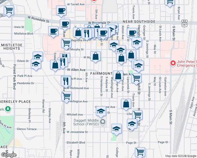 map of restaurants, bars, coffee shops, grocery stores, and more near in Fort Worth