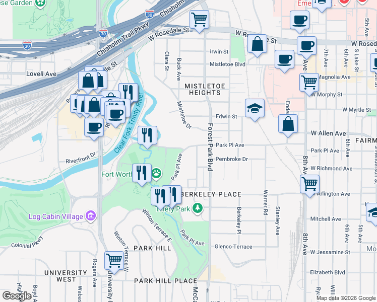 map of restaurants, bars, coffee shops, grocery stores, and more near 1801 Rockridge Terrace in Fort Worth