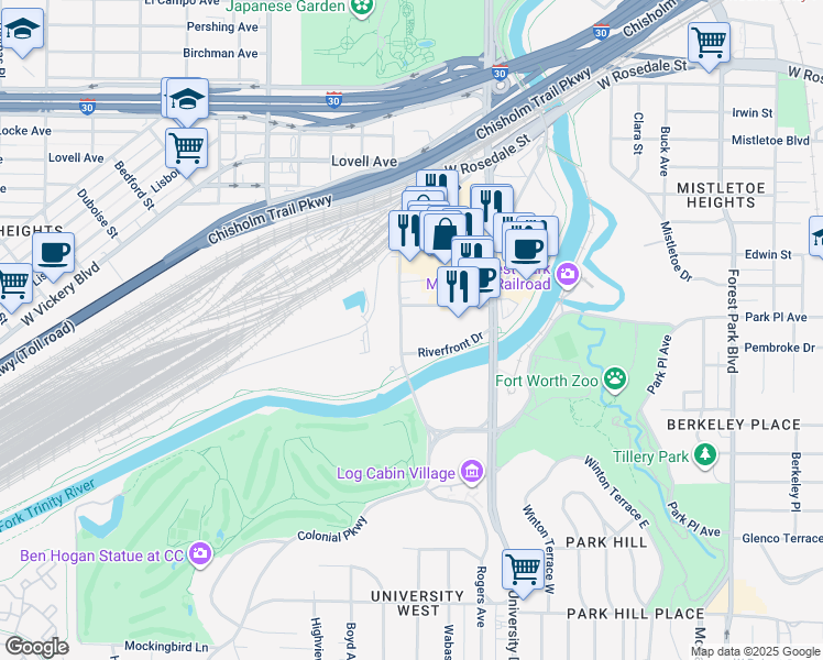 map of restaurants, bars, coffee shops, grocery stores, and more near 1700 Rogers Road in Fort Worth