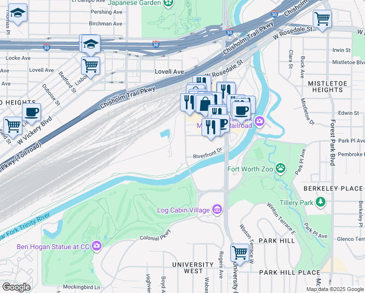 map of restaurants, bars, coffee shops, grocery stores, and more near 1700 Rogers Road in Fort Worth