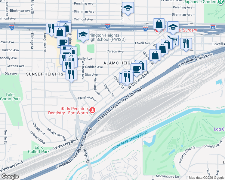 map of restaurants, bars, coffee shops, grocery stores, and more near 4320 Lisbon Street in Fort Worth